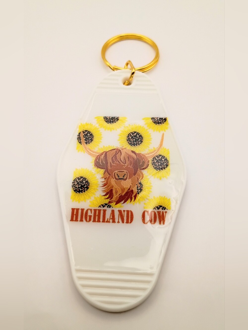 Highland Cow Sunflower White Keychain with Gold Ring